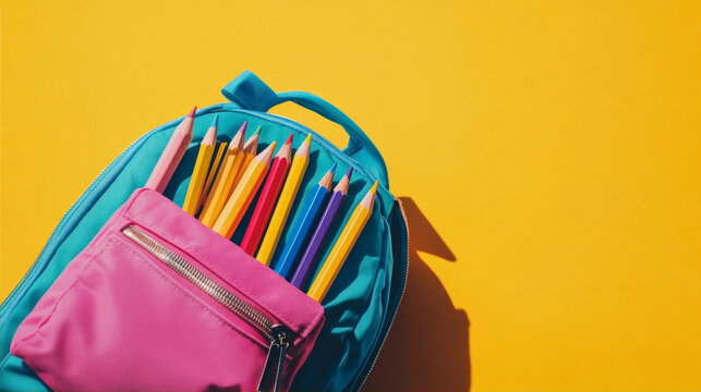 Blue backpack with colorful pencils in a pink pocket on a yellow background top view