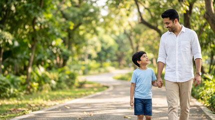 Obraz premium father holding son hand outdoors for parenting guidance fathers day family support and childhood love concept