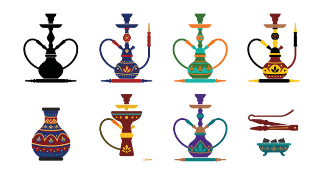 Collection of colorful hookah pipes on transparent background