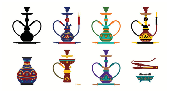 Collection of colorful hookah pipes vector illustration on transparent background