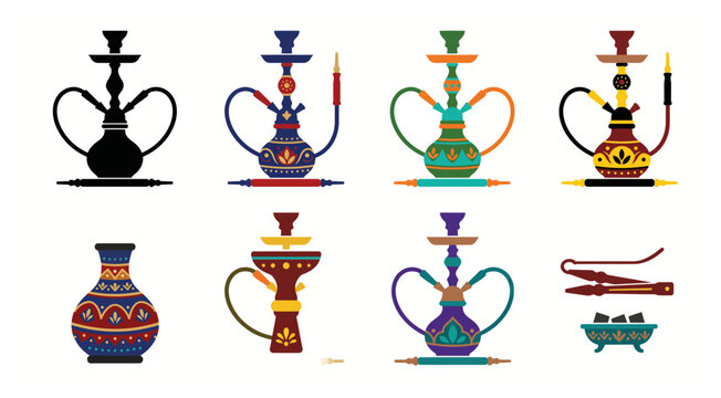 Collection of colorful hookah pipes and shisha on transparent background