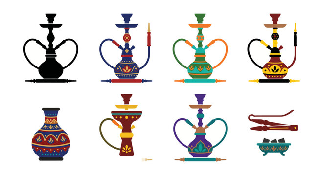 Collection of colorful hookah pipes and components on transparent background