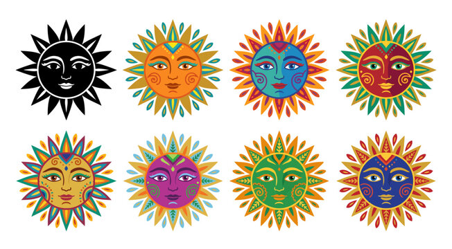 Stylized sun faces collection colorful vector illustration on transparent background