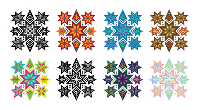 Eight geometric star ornaments on transparent background
