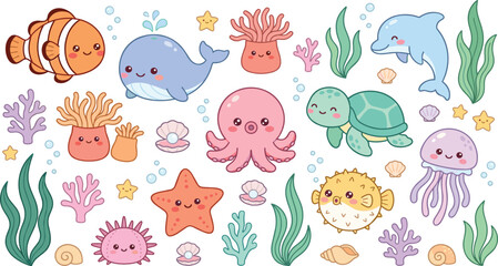 Cute Kawaii Ocean Animal Cartoon Vector Illustration Featuring Octopus Turtle Dolphin Whale Clownfish Jellyfish Starfish and Marine Life Characters for Kids Designs © MstSuborna