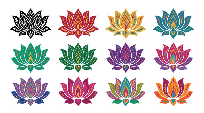 Colorful lotus flower illustrations decorative pattern on white background