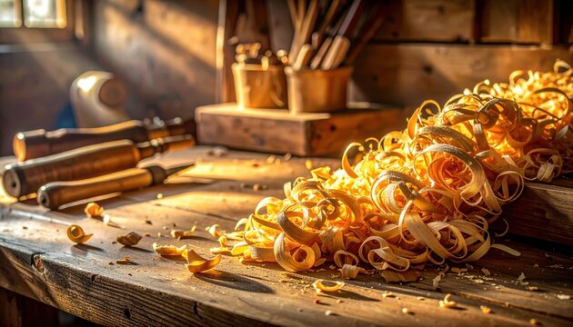 Delicate wood shavings from a block plane creating a textured pile on a rustic workbench, highlighting the beauty of woodworking.