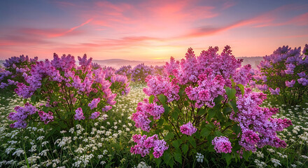 Naklejka premium Beautiful Lilac Bushes Blooming in a Green Meadow at Vibrant Pink Sunset