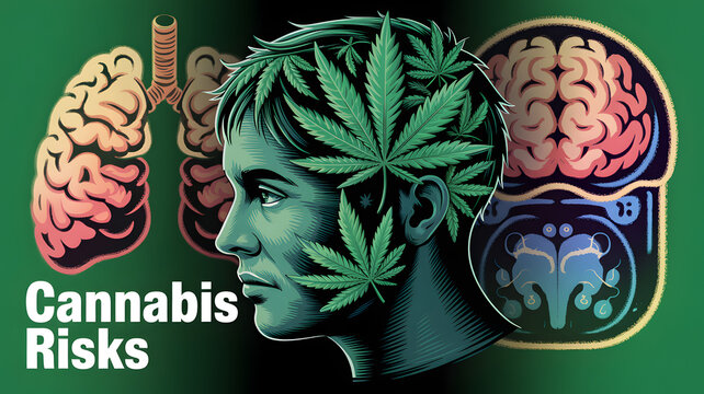 Cannabis leaves on man's head with brain and lung illustration during concept of health risks