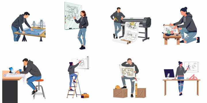 Set of diverse professional engineers and architects working on various technical projects including blueprints, bridge models, and wind turbine designs.