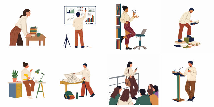 Flat vector illustrations of diverse individuals engaged in various academic, creative, and professional activities such as studying, presenting, and architectural planning.