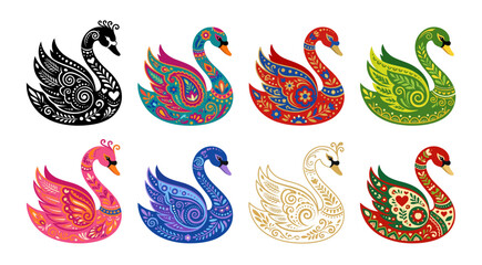 Obraz premium Swan illustrations ornate designs colorful vector set on white background