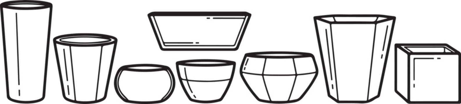 Set of simple geometric shapes and containers in black line art style Vector