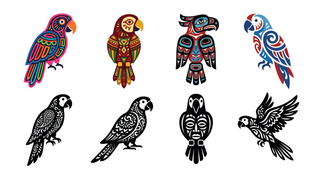 stylized parrot illustrations tribal pattern designs on white background