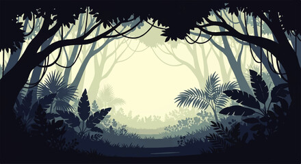 Naklejka premium Vector Flat Design Illustration of a dense jungle path with lush tropical foliage and hanging vines in muted