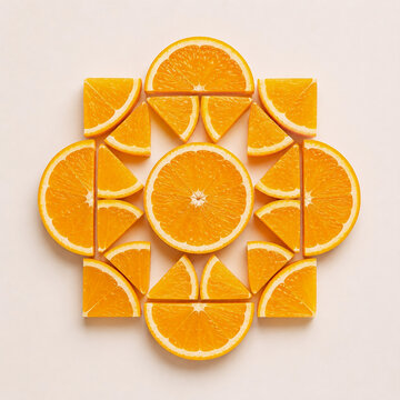 Symmetrical Geometric Orange Slice Mandala Pattern on Clean Background.
