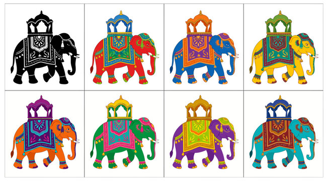 decorated elephant with palanquin colorful vector illustration set