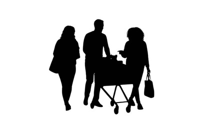 Silhouettes of people pushing a shopping cart together isolated on transparent background, Vector © Rabbe