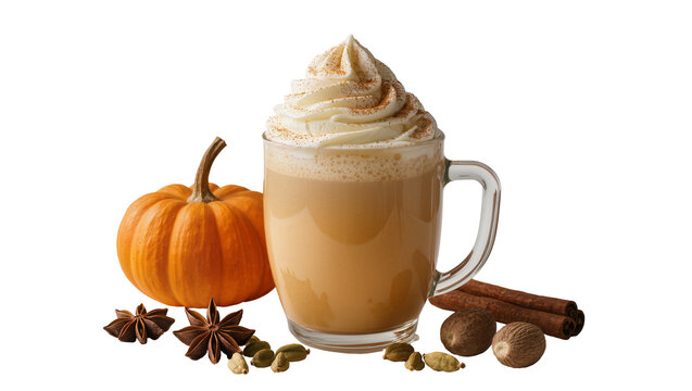 Isolated pumpkin spice latte with whipped cream and cinnamon, surrounded by fall spices and pumpkin