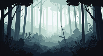Misty forest landscape with tall trees and lush foliage in a vector flat design illustration style © denijulianto