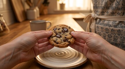 Fototapeta premium First person view of hands holding a large homemade chocolate chip cookie over a plate. Person wearing an apron in a warm cozy kitchen. Freshly baked sweet dessert snack