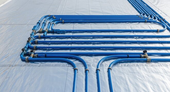 A close-up shot of blue hydronic pipes being installed on a silver thermal insulation layer before pouring concrete for a modern home, detail, radiant, heat