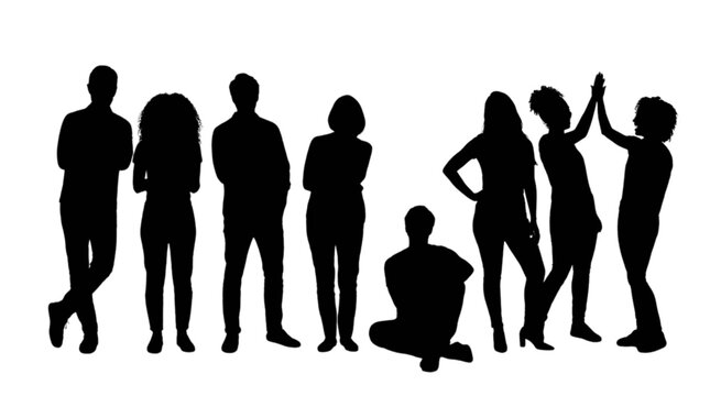 Group of diverse people standing and posing together isolated on transparent background, Vector