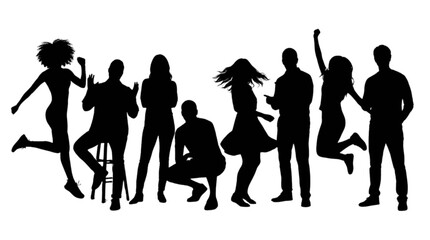 Fototapeta premium Group of diverse people dancing together in silhouette isolated on transparent background, Vector