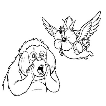 Surprised orangutan and flying flower character with wings