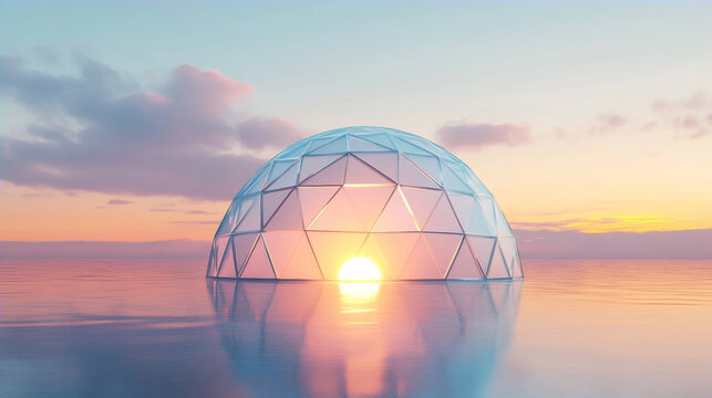 Futuristic glass geodesic dome on calm ocean water at sunset, minimalist architecture conceptual landscape