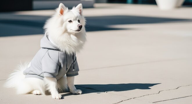 A fluffy white spitz dog sits proudly on a city sidewalk wearing a modern grey hoodie sweatshirt, blending urban style with pet fashion, animal, daylight, exterior