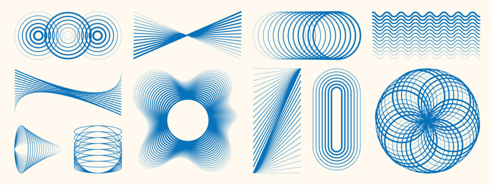Abstract blue geometric line art elements vector set. Modern optical illusion wave, circle, spiral, wireframe and contour shapes for technology background, poster, cover, banner.