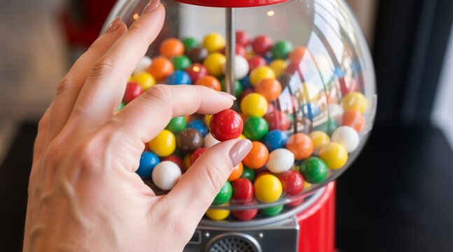 Hand holding a red gumball in front of a colorful candy machine. Close up of a single round sweet treat. Nostalgic childhood snack concept