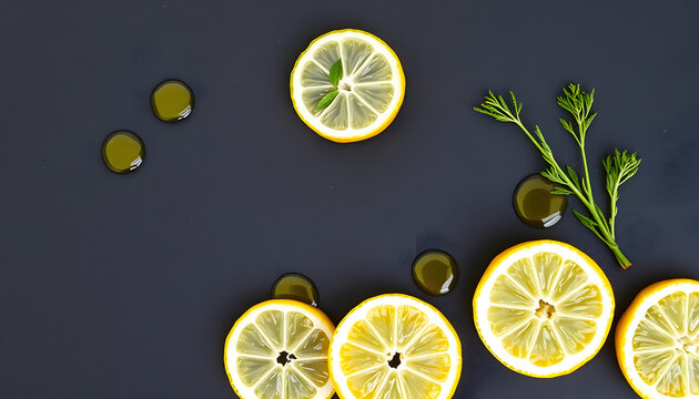 Black slate board with fresh herbs and lemon slices with olive oil, graphic novel art. White tone