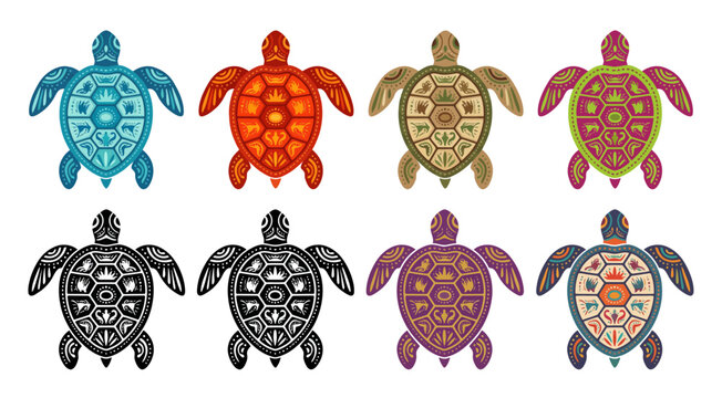 Decorative turtle illustrations colorful patterned designs on white background