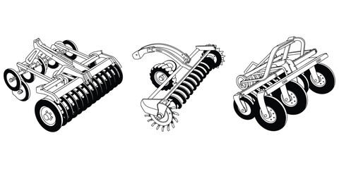 Flat vector illustration of disc harrow silhouettes, soil tillage concept, farming equipment design and agricultural artwork © Tauhidul