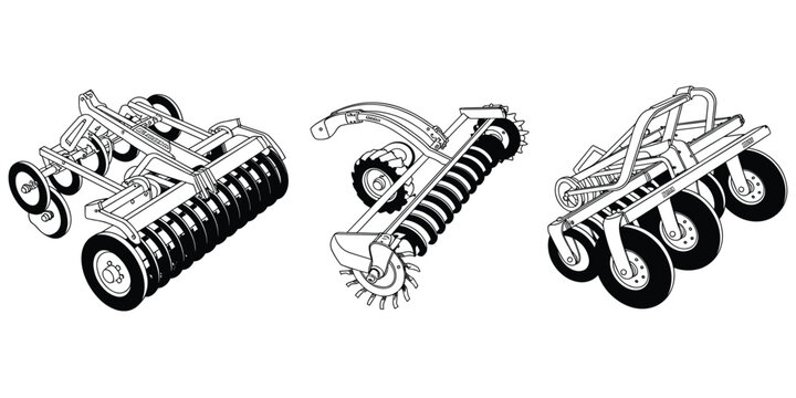 Flat vector illustration of disc harrow silhouettes, soil tillage concept, farming equipment design and agricultural artwork