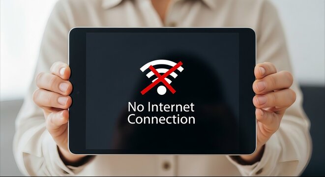 Person holding digital tablet showing no internet connection status on screen