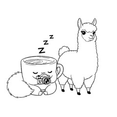Naklejka premium Sleepy coffee mug holding camera standing next to cute llama