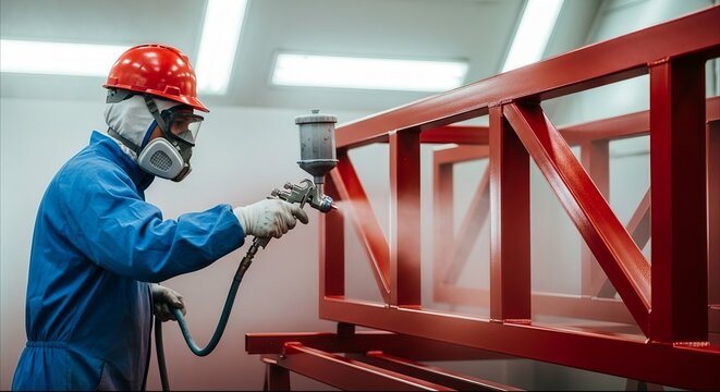 Professional industrial painter in safety gear spraying red paint on metal structure