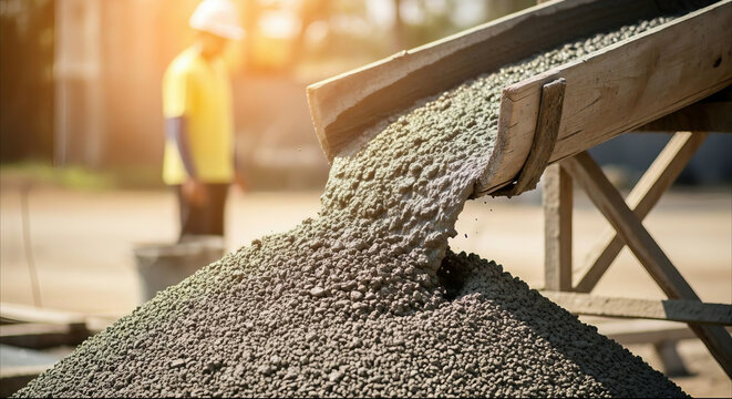 Concrete cement and gravel mixture pouring from mixer chute on construction site
