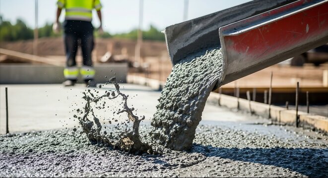 Liquid concrete mixer pouring from truck chute on construction site ground