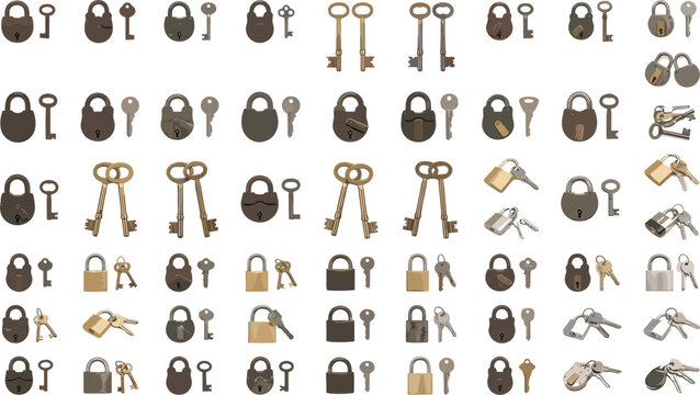 Seamless pattern background of isolated retro round lock hardware and double key pairs ideal for home safety branding and locksmith catalog layout themes,