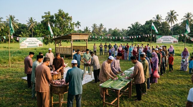 Muslim community in a rural village preparing and distributing sacrificial meat on banana leaves during Eid al-Adha celebration outdoors with green field background.