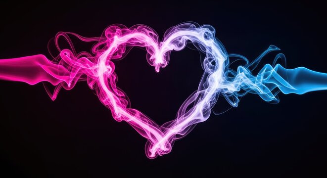A vibrant pink and blue neon smoke formation swirls into a glowing heart shape against a dark background, creating a surreal visual effect, motion, shape, organ