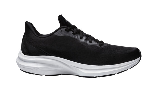 Isolated black running shoe with white sole, athletic footwear for fitness and training