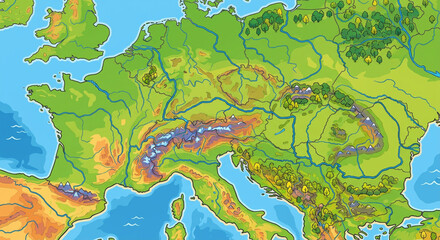 Fototapeta premium Cartoon Europe Geomorphology Map Colorful Educational Illustration