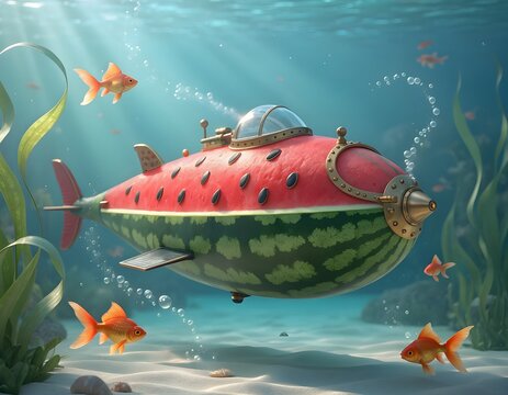submarine that looks exactly like a giant watermelon slice, exploring an underwater world populated by swimming goldfish with tiny bubbles