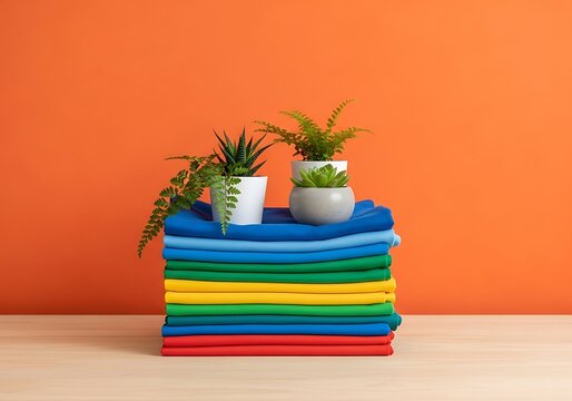 Stack of colorful tshirts with potted plants on top against orange background