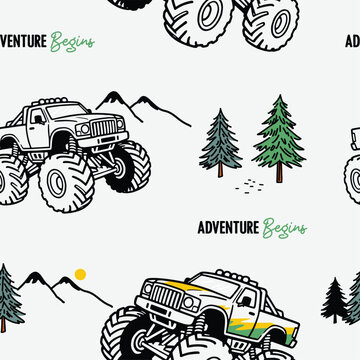 Monster Truck Adventure Seamless Pattern